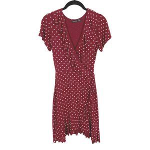 Flirty Polka Dot V-Neck Foux Wrap Mini Dress w/ Frilly Trim& Tie Back